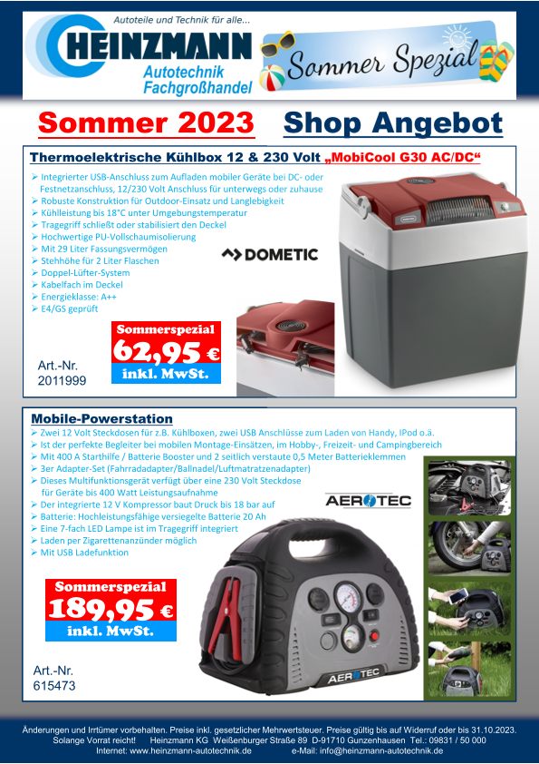 Sommer 2023 - Shop Angebot +++ DOMETIC - Thermoelektrische Kühlbox 12 & 230 Volt „MobiCool G30 AC/DC“ +++ AEROTEC- Mobile-Powerstation
