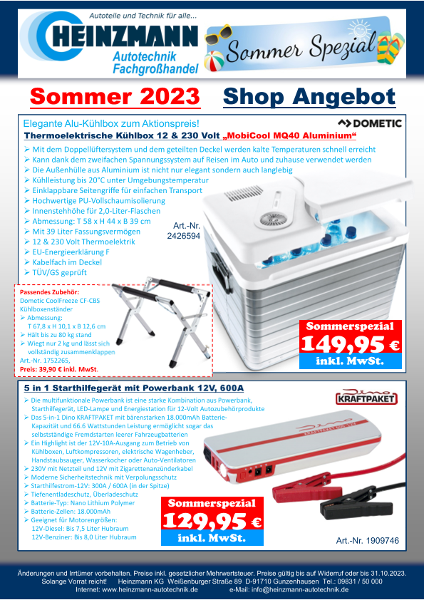 Sommer 2023 - Shop Angebot +++ DOMETIC - Thermoelektrische Kühlbox 12 & 230 Volt „MobiCool MQ40 Aluminium“ +++ KRAFTPAKET - 5 in 1 Starthilfegerät mit Powerbank 12V, 600A