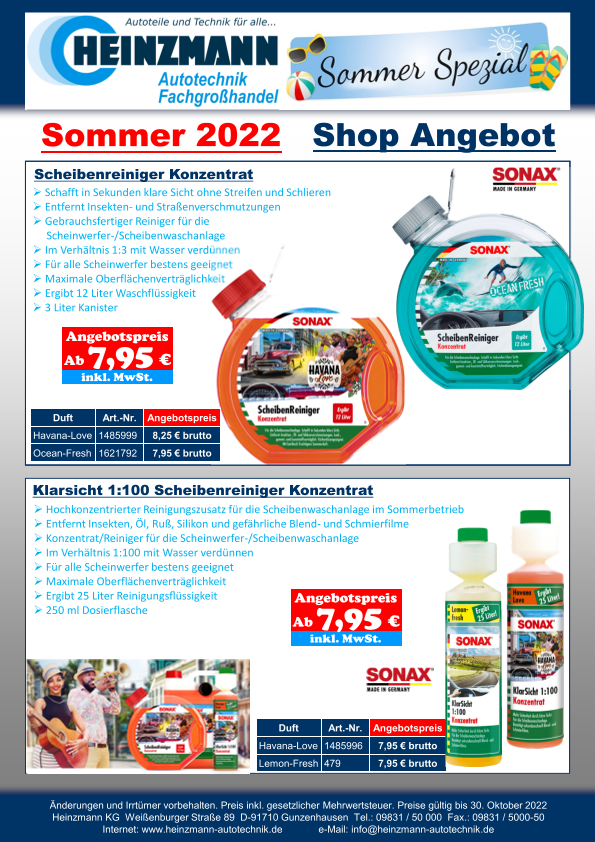 Sommer 2022 - Shop Angebot +++ SONAX - Scheibenreiniger Konzentrat +++ SONAX - Klarsicht 1:100 Scheibenreiniger Konzentrat