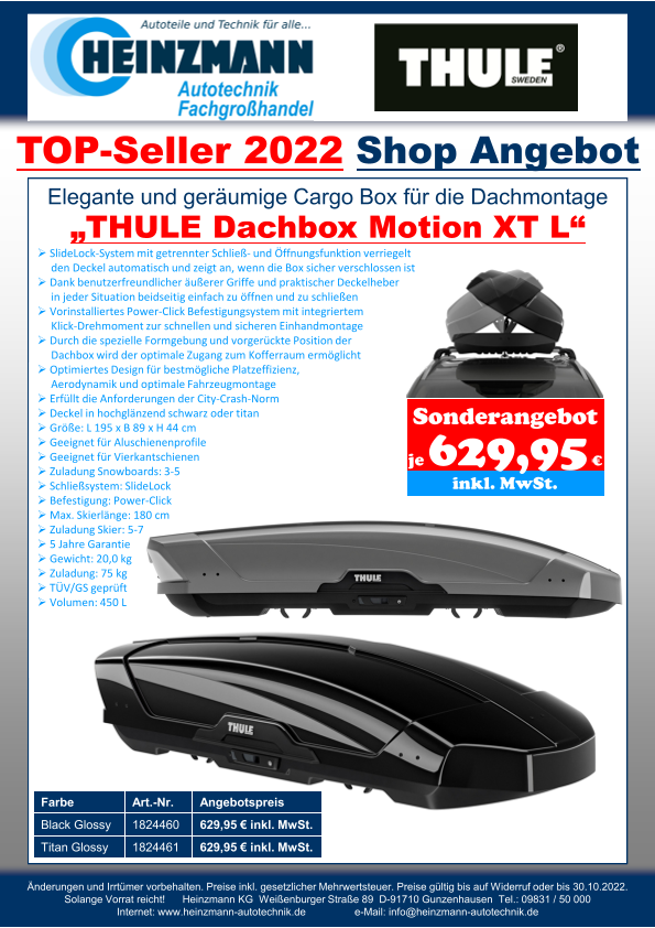 TOP-Seller 2022 Shop Angebot +++ Elegante und geräumige Cargo Box für die Dachmontage „THULE Dachbox Motion XT L“
